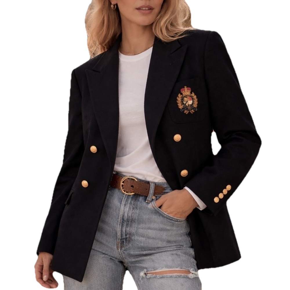 Vintage Ralph Lauren Polo Crest Blazer Double Breasted Wool Black Jacket 90s 8
